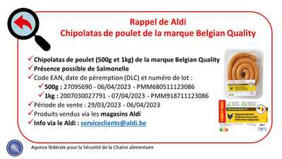 Afsca rappel aldi chipolata de poulet 06 04 2023